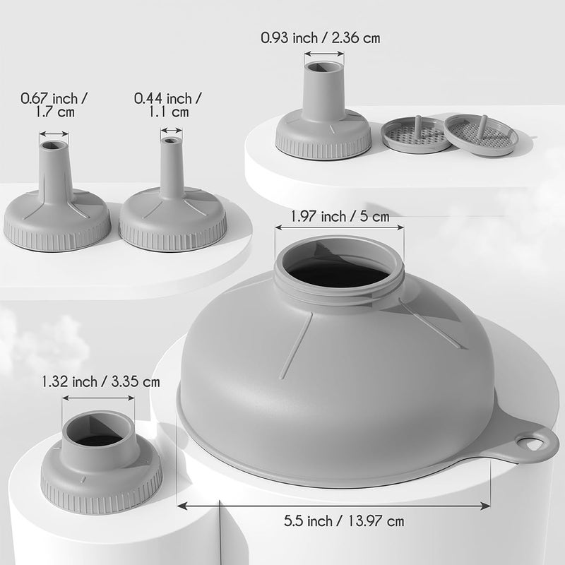 Pisol Wide Mouth Versatile Funnel, Canning Funnels for Kitchen Use, Food Grade Plastic Cooking Funnel Set with 4 Size Spouts and 2 Strainers for Filling Different Bottles and Bags, Grey - Image 3